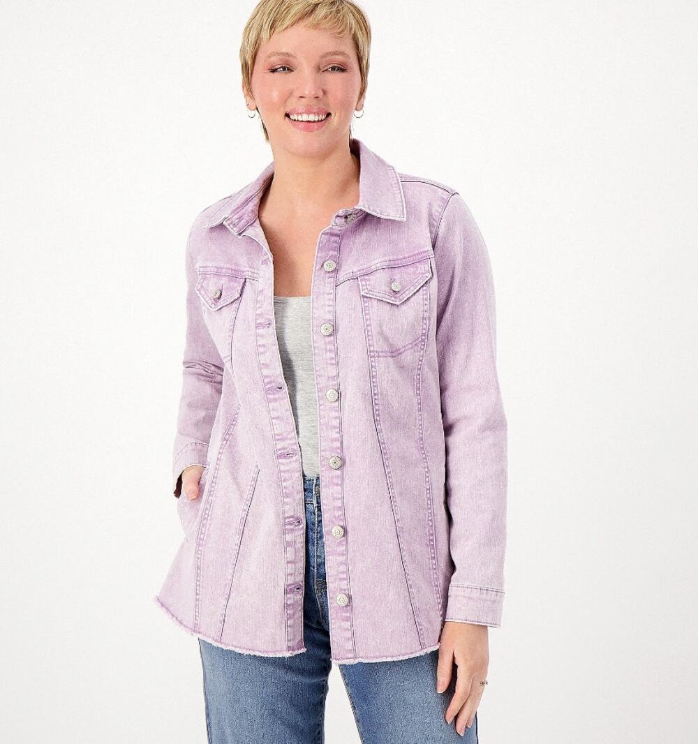 LOGO by Lori Goldstein Jeans Jacket Womens Size 32W Purple Color with Frayed Hem